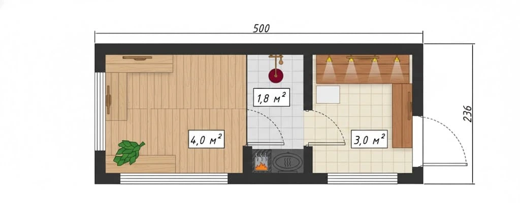 Планировка модели Каркасная баня 5x2,4м